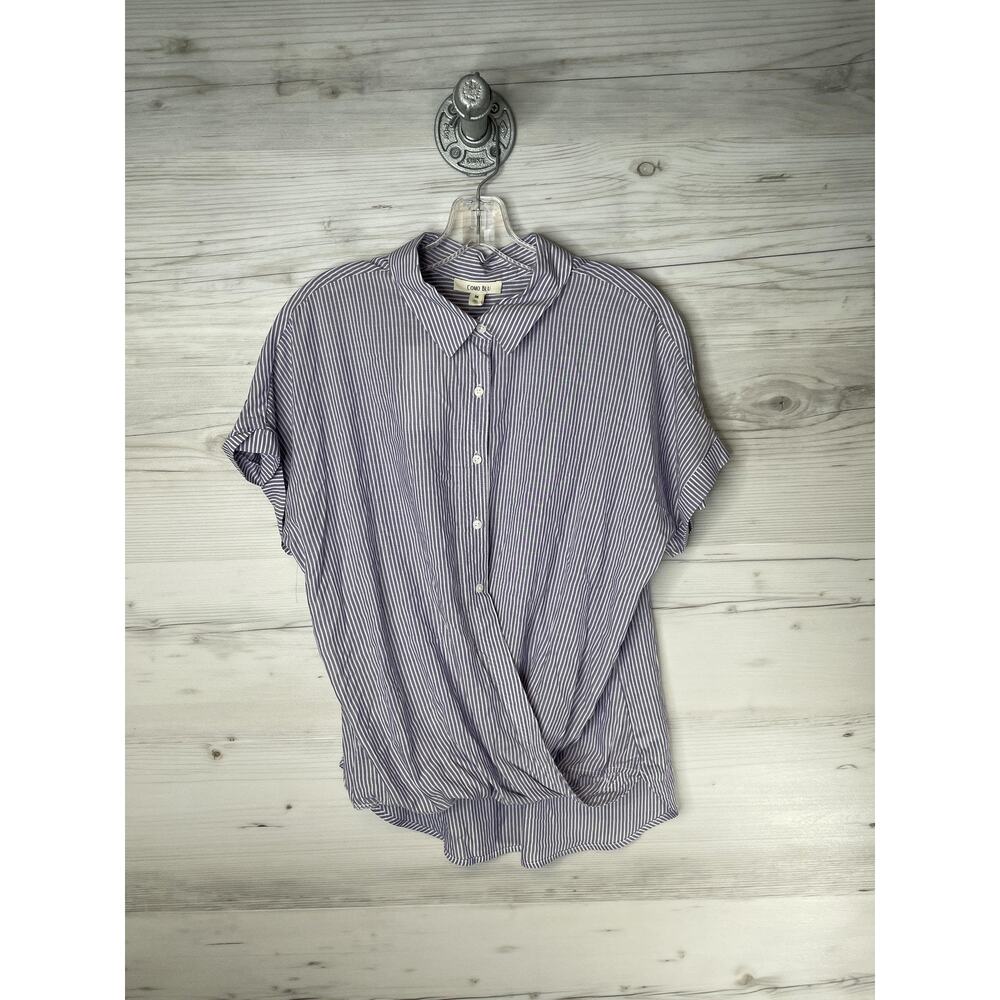Como Blu Shirt Womens Medium‎ Blue White Stripe Button Front Twist Hem Dressbarn